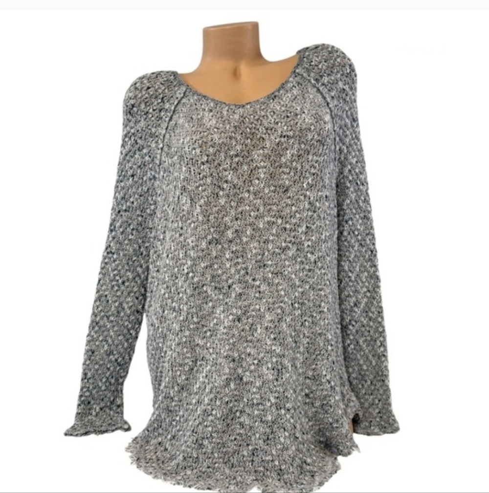 Free People Womens LARGE Gray Crochet Knit Tunic Sweater Long Sleeve‎ Casual